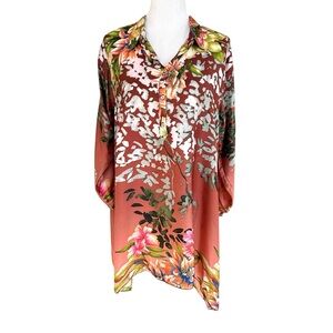 Johnny Was Size Large 100% Silk Floral Tunic Blouse Lagenlook Flowy Boho